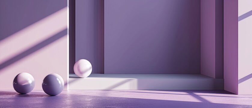  A Couple Of Balls Sitting On Top Of A Purple Floor Next To A Purple Wall In A Room With A Light Coming Through The Window.