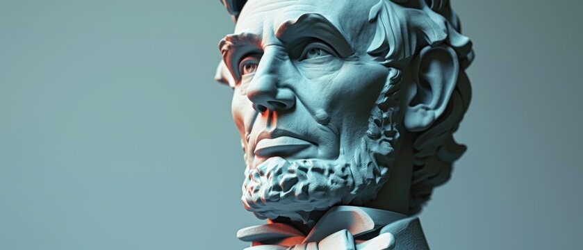  a close up of a statue of abraham lincoln wearing a bow tie and looking off to the side with a serious look on his face.