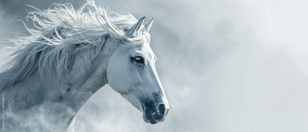 Canvas Prints a white horse with a long mane standing in a field of grass in front of a dark cloud filled sky.