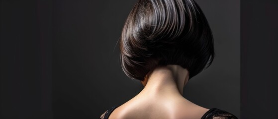  the back of a woman's head with her hair in a sleek, straight, blunted - up style. - obrazy, fototapety, plakaty