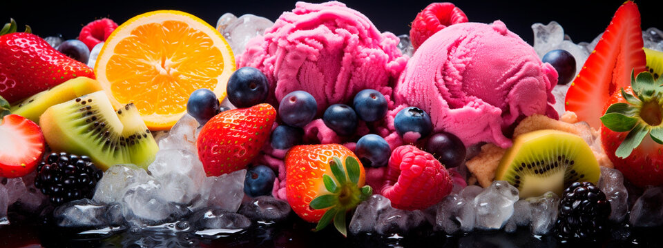close-up of delicious fruit ice cream on a background with fruits and berries