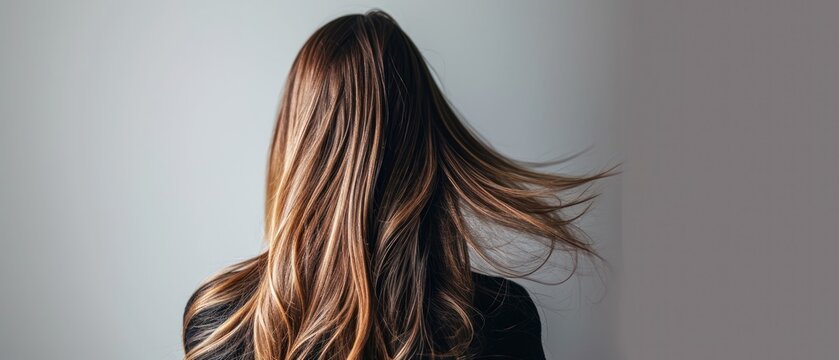  the back of a woman's head with long, straight, brown hair in front of a white wall.