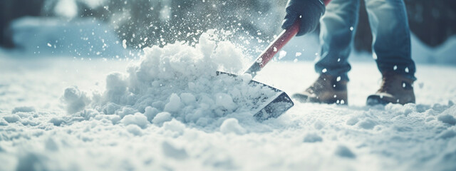 Man with snow shovel cleans sidewalks in winter. Winter time - obrazy, fototapety, plakaty