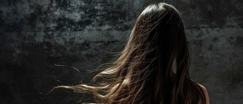  the back of a woman's head with long hair blowing in the wind in front of a dark background.