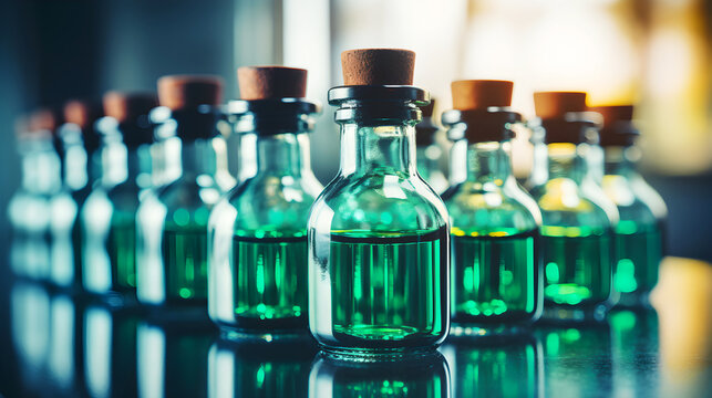 row of small glass bottles with green liquid lined up neatly on a reflective surface, with a blurred bright background suggesting a laboratory or pharmacy setting