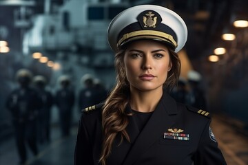 Portrait of a beautiful woman in a military uniform on a dark background