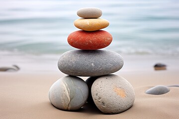 Fototapeta na wymiar Colorful stones balanced on a sandy beach with gentle waves