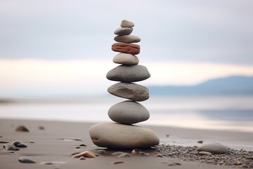 Fototapeta na wymiar Cairn of rocks on shoreline, a symbol of balance and focus
