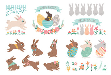 Set of easter elements. Bunny, flower, eggs cute graphic. Easter egg hunt cartoon clip art. Easter rabbit collection for greeting card & fashion print.