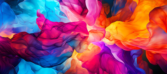 mesmerizing mix of colorful, flowing shapes that resemble silk or smoke, with vibrant hues of blue, pink, orange, and purple