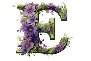 Green leaf whit flower font in white. Letter E, isolated on PNG Background. Generative Ai.