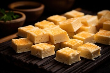 Close-up of a plate of yellow cheese cubes.