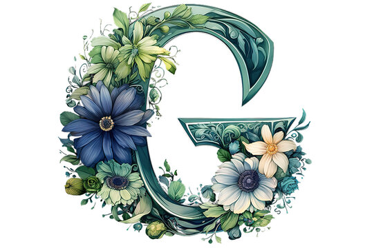 Green leaf whit flower font in white. Letter G, isolated on PNG Background. Generative Ai.