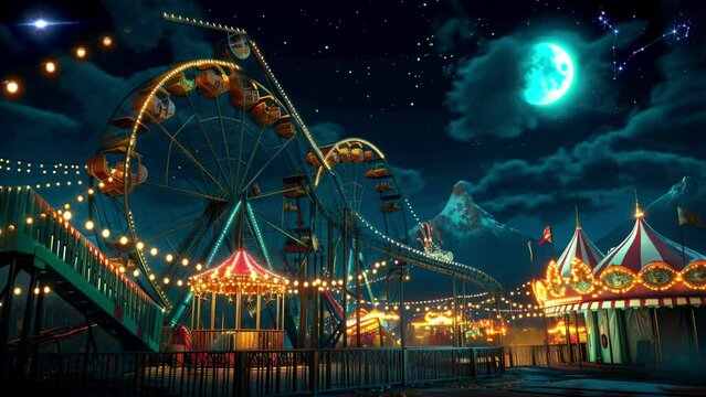 Amusement Park in the night with moon and star, loop video background animation, cartoon anime style, for vtuber / streamer backdrop
