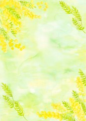 ミモザのナチュラルな水彩イラスト。春の柔らかな雰囲気のフレーム。