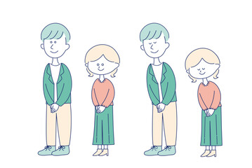 オフィスカジュアルの男性と女性のお辞儀、直立セット　全身