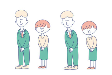 オフィスカジュアルの男性と女性のお辞儀、直立セット　全身