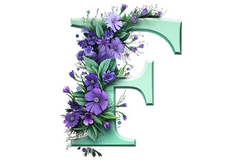 Green leaf whit flower font in white. Letter F, isolated on PNG Background. Generative Ai.