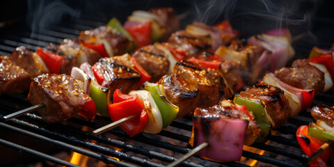Delicious beautiful fried pork skewers on the smoke cooked on the grill with skewers with coals. Barbecue in nature. 