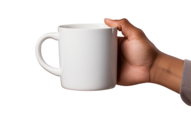 Man's Hand with Coffee Mug in Gigapixel Detail on a White or Clear Surface PNG Transparent Background.