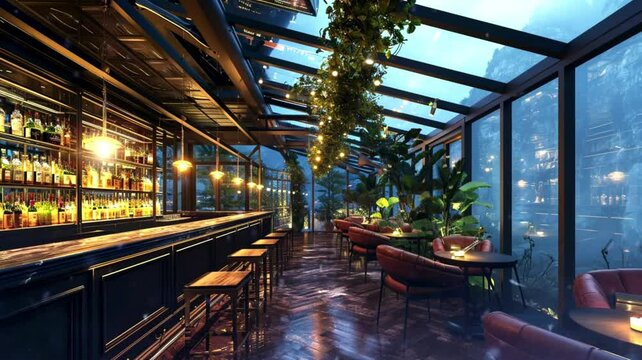 Bar House with beautiful glass roof in the night, loop video background animation, cartoon anime style, for vtuber / streamer backdrop