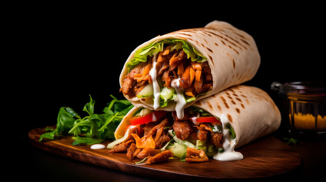 Shawarma sandwich gyro fresh roll lavash snack on a black background