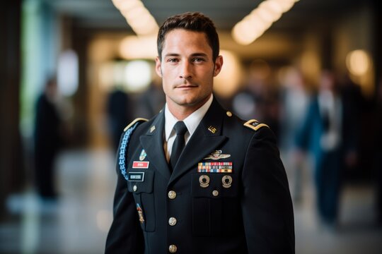 Fototapeta Portrait of a handsome young man in a military uniform. Selective focus.