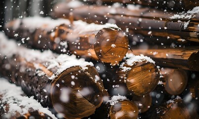 Snow sprinked on Ho wood logs cut horizontally, Generative AI - Powered by Adobe