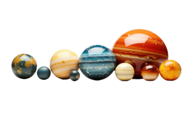 Solar System Model with Crystal Clarity Planets on a White or Clear Surface PNG Transparent Background.