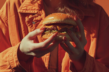 A woman holding a hamburger on an orange background