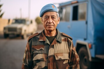 Portrait of an elderly man in a military uniform on the street