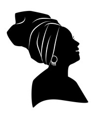 Silhouette of African American woman in a head wrap and an earring. Vector illustration isolated on white