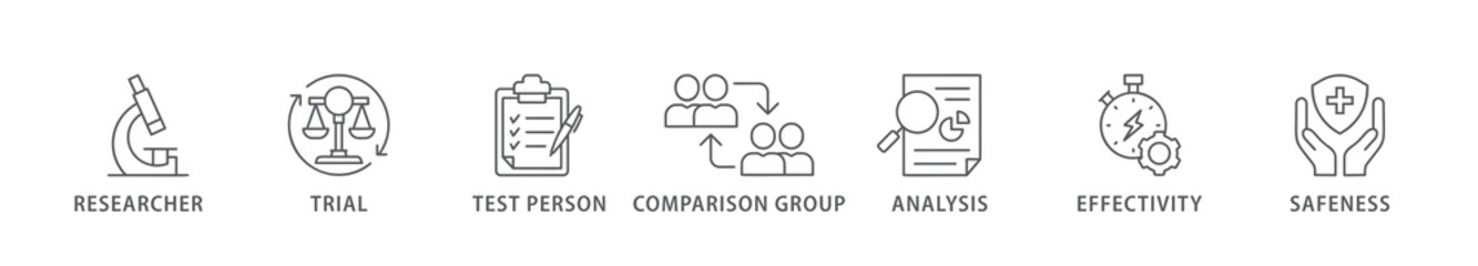 Clinical study banner web icon vector illustration concept for clinical trial research with an icon of researcher, trial, test person, comparison group, analysis, effectivity, and safeness