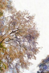 A large tree with bushy leaves and branches Illustrations in chalk crayon colored pencils impressionist style paintings.