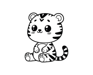 Cute Cartoon Character of tiger for coloring book. outline line art. Printable Design. isolated white background