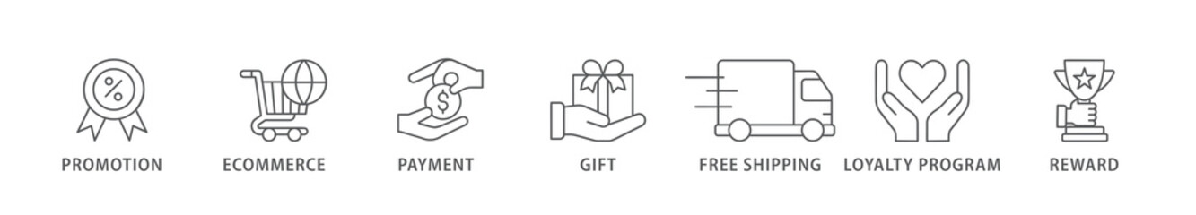 Shopping banner web icon vector illustration concept with icon of promotion, ecommerce, payment, gift, price, free shipping, loyalty, reward