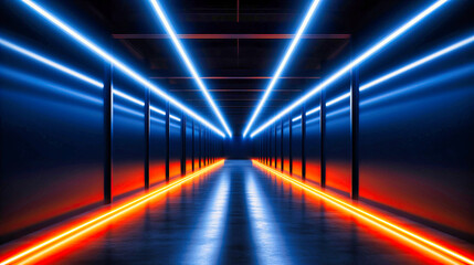 Futuristic Corridor Glows with Neon Blue and Warm Orange Lights, a Pathway to Tomorrow - obrazy, fototapety, plakaty