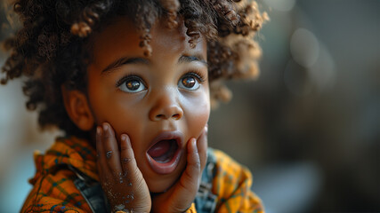 portrait of a boy. Surprise, excitement and fascination concept. Funny bug eyed African little boy opening his mouth widely, shocked with astonishing unexpected news, having amazed look, showing full 