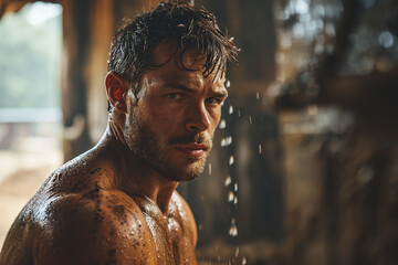 Raindrop Adonis: Wet Portrait of Young, Attractive, Muscular Man - obrazy, fototapety, plakaty