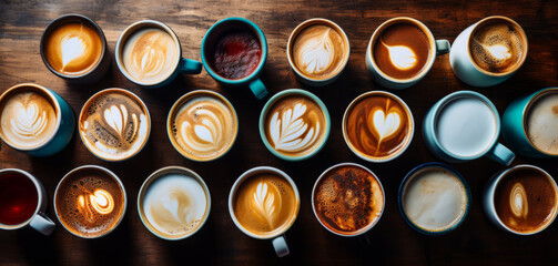 Top view of a coffee cups on a wooden table with different kinds of coffee