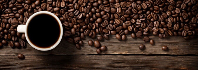 Top view of a cup of coffee and coffee beans on a wooden table. Copy space, wide banner