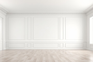Fototapeta na wymiar Interior of a empty classic style room with white walls with moldings and stucco and wooden floor. Mockup, copy space