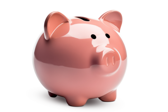 Close up view of a light pink piggy bank, isolated on a transparent background