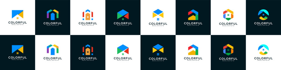 Abstract Colorful Real Estate Logo design mega collection.  Icons Construction Architecture Building Home Logo on rainbow and painting style.