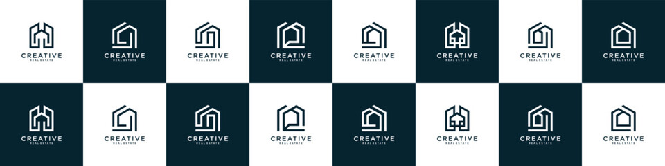 Collection of minimalist home icons. symbol of real estate home and house logo  isolated on white and black background