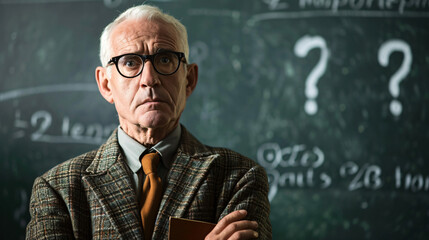 Portrait of senior teacher standing in front of blackboard with question marks