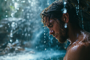 Fototapeta premium Young attractive and muscular man under a tropical waterfall