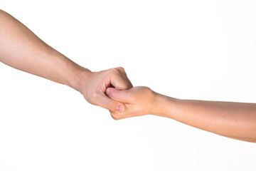 Two hands hold tightly together in different pose on isolated white background