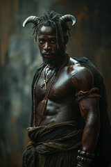 Fototapeta na wymiar Infernal Allure: Young, Attractive, Muscular Black Man Flaunts Devilish Charisma