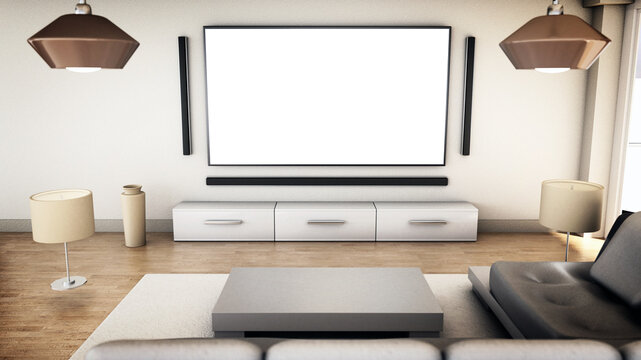 8K tv hanging on the wall of a modern room. 3D illustration